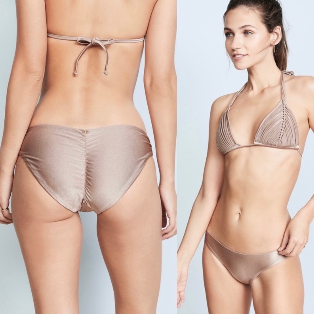 Pilyq ruched tan full bikini bottom size small NWT